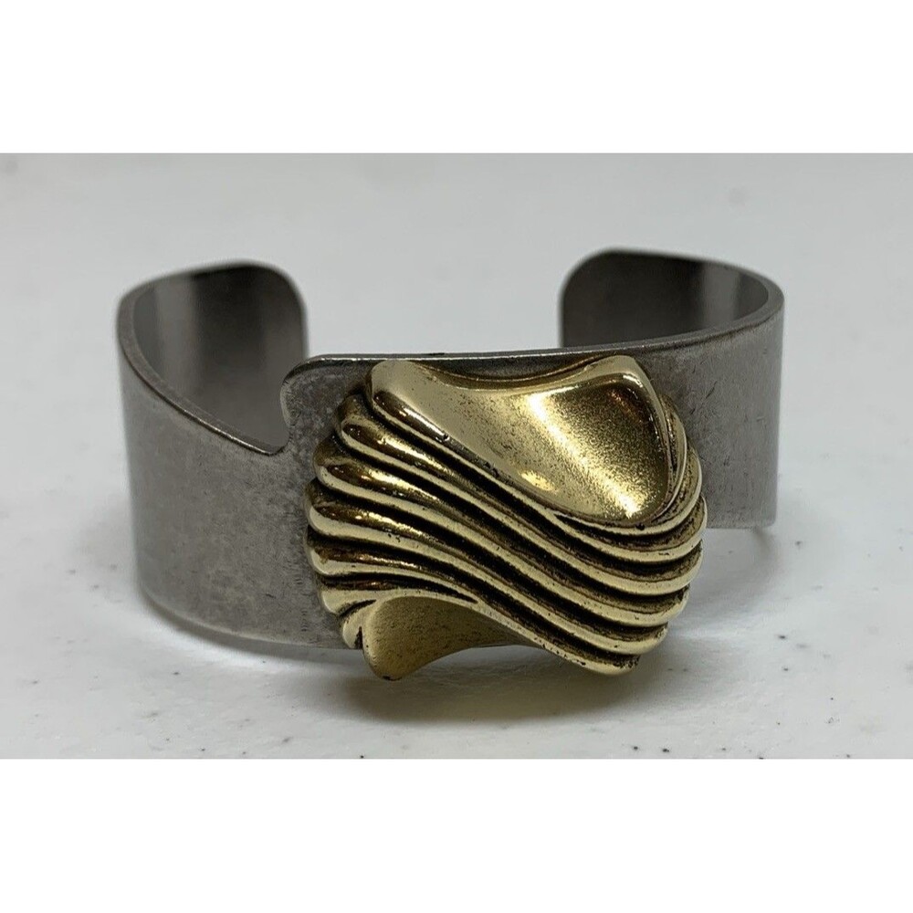 Vintage 1970s Sculptural Wave Cuff Bracelet Retro Modern Gold & Silver Tone